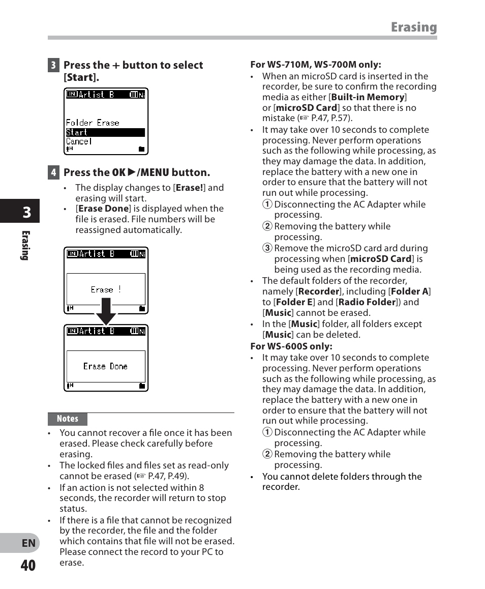 Erasing | Olympus WS 700M User Manual | Page 40 / 92