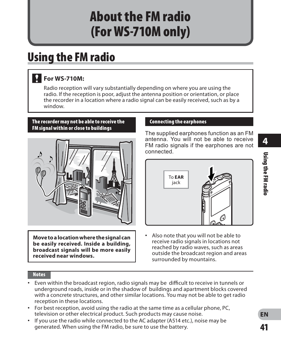 About the fm radio (for ws-710m only), Using the fm radio | Olympus WS 700M User Manual | Page 41 / 92