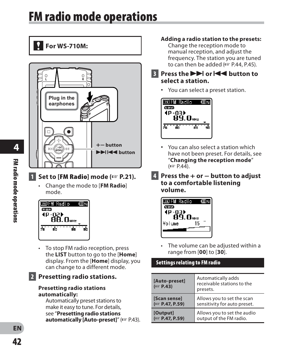 Fm radio mode operations | Olympus WS 700M User Manual | Page 42 / 92