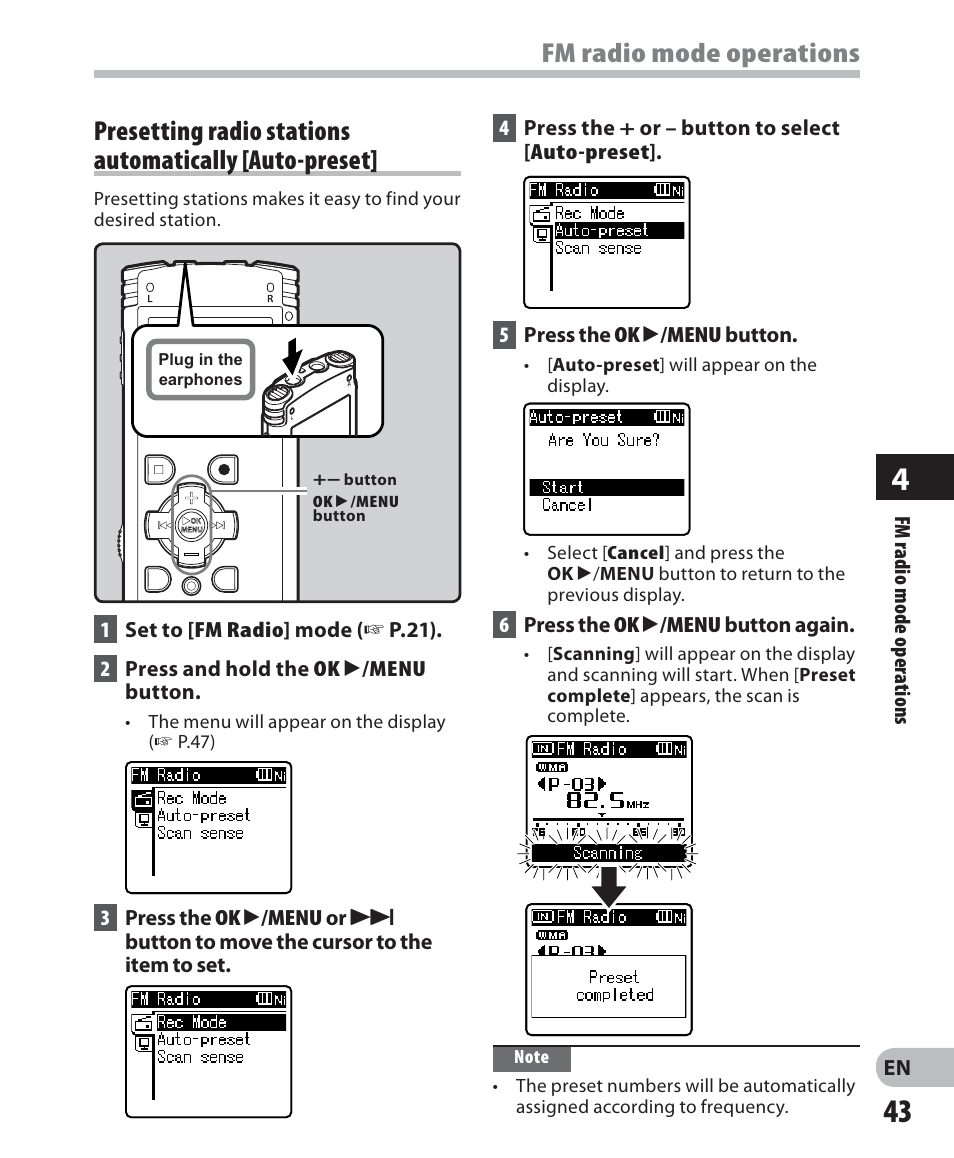 Fm radio mode operations | Olympus WS 700M User Manual | Page 43 / 92