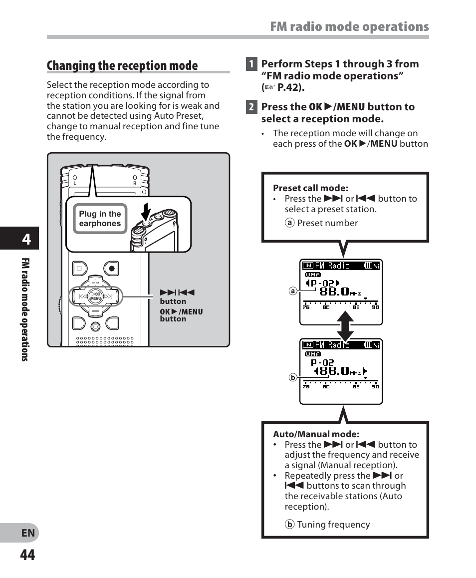 Fm radio mode operations, Changing the reception mode | Olympus WS 700M User Manual | Page 44 / 92