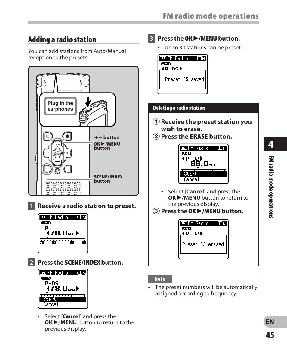 Fm radio mode operations, Adding a radio station | Olympus WS 700M User Manual | Page 45 / 92