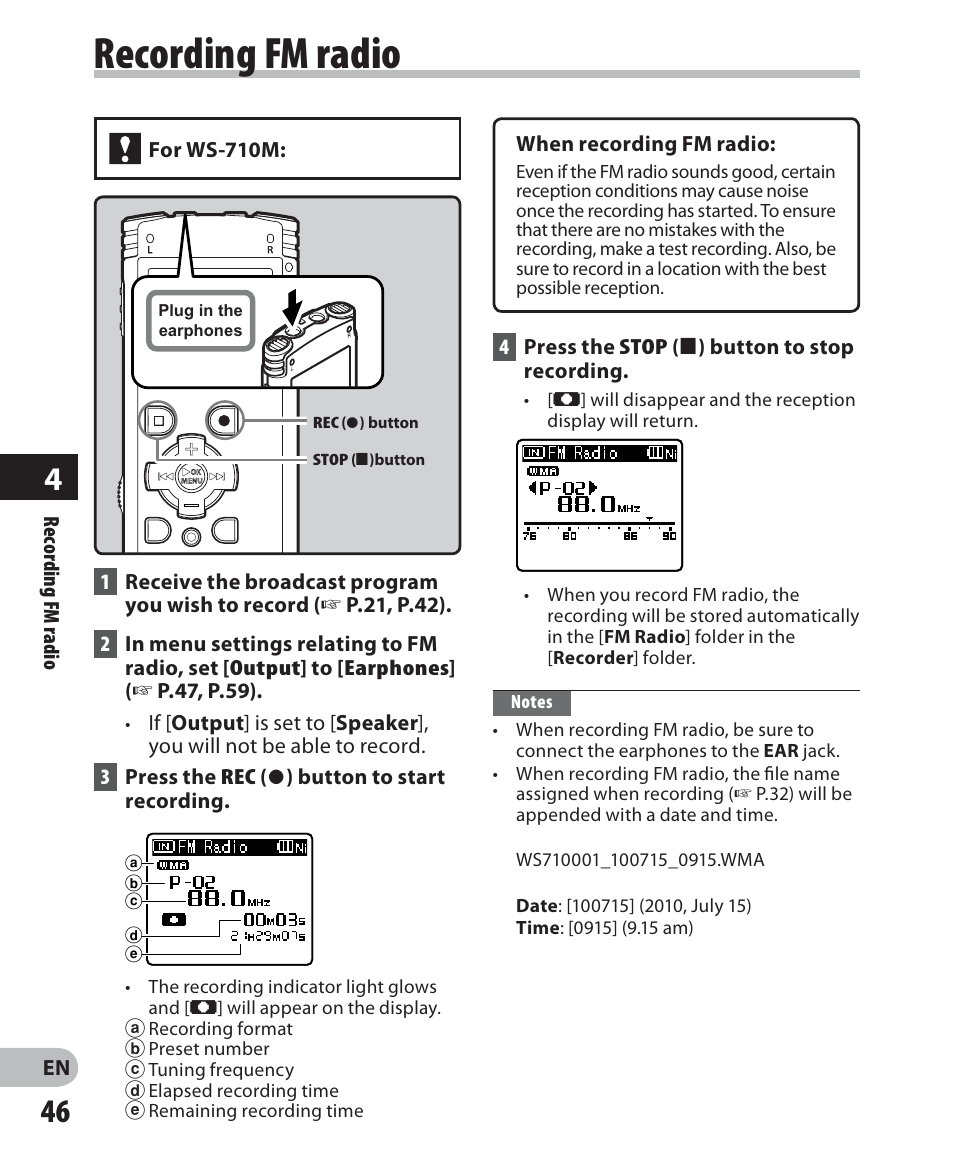 Recording fm radio | Olympus WS 700M User Manual | Page 46 / 92