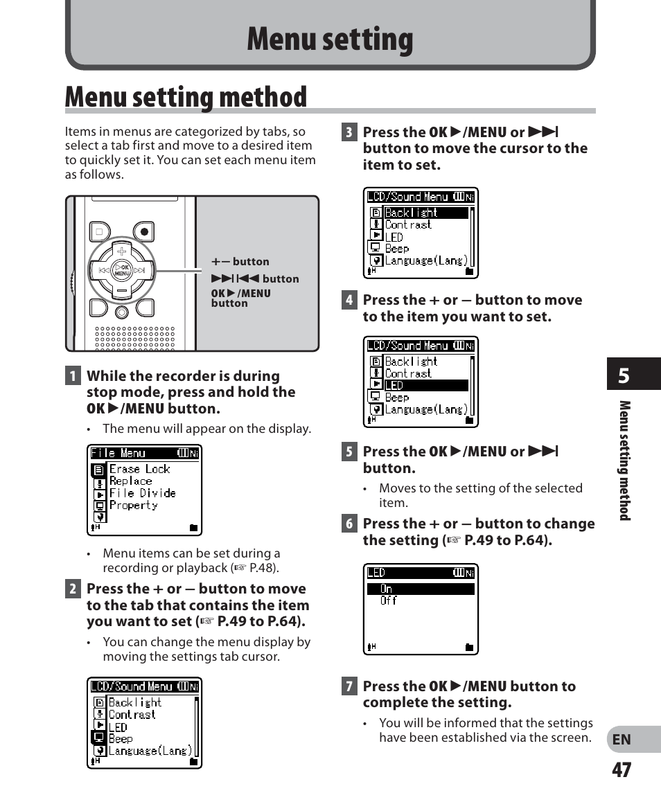 Menu setting, Menu setting method | Olympus WS 700M User Manual | Page 47 / 92