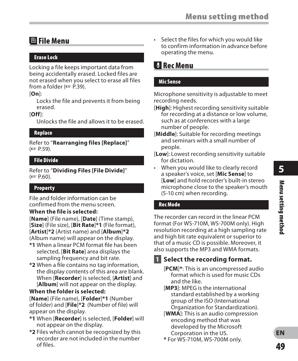 Menu setting method , rec menu, File menu | Olympus WS 700M User Manual | Page 49 / 92