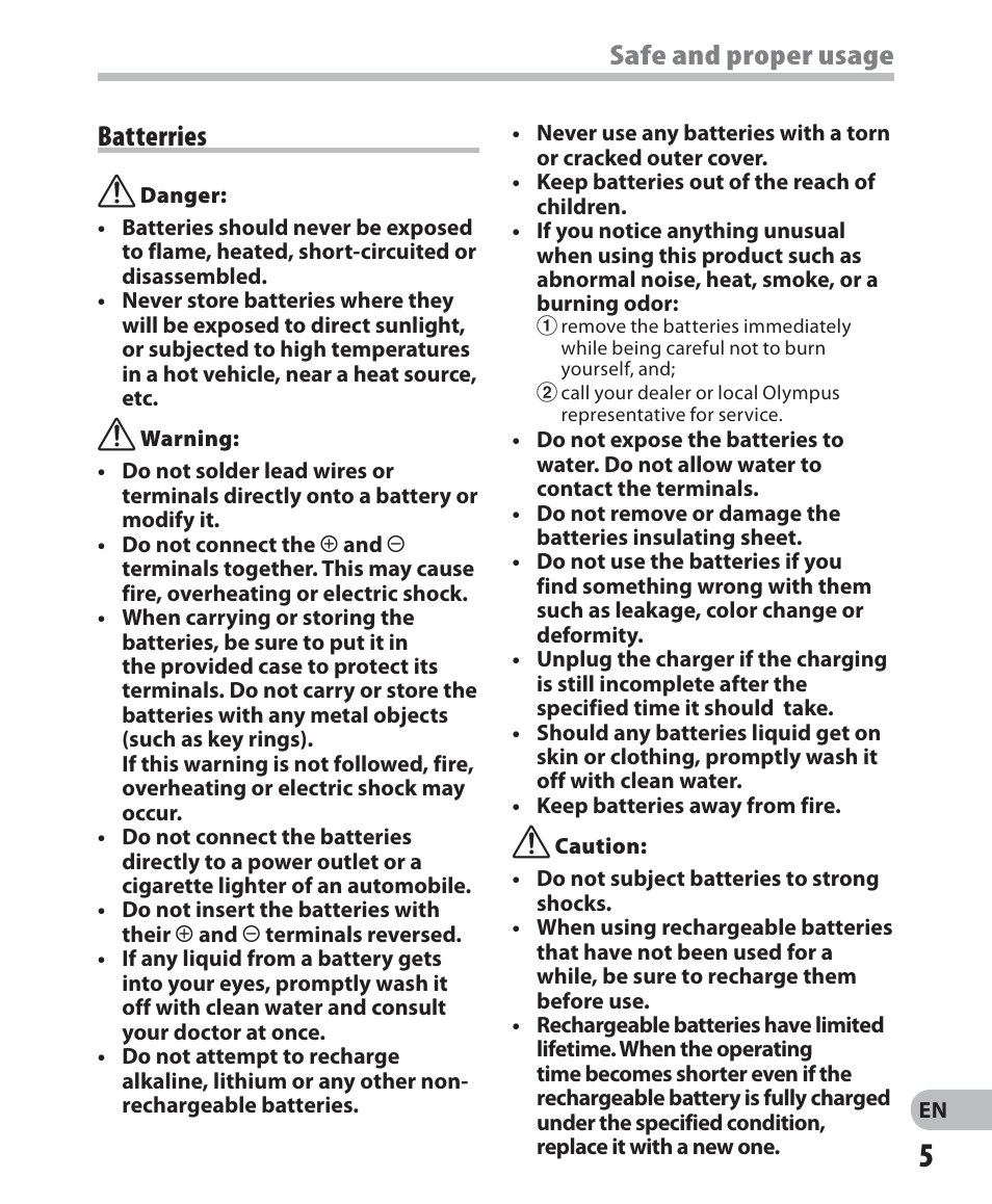 Safe and proper usage batterries | Olympus WS 700M User Manual | Page 5 / 92