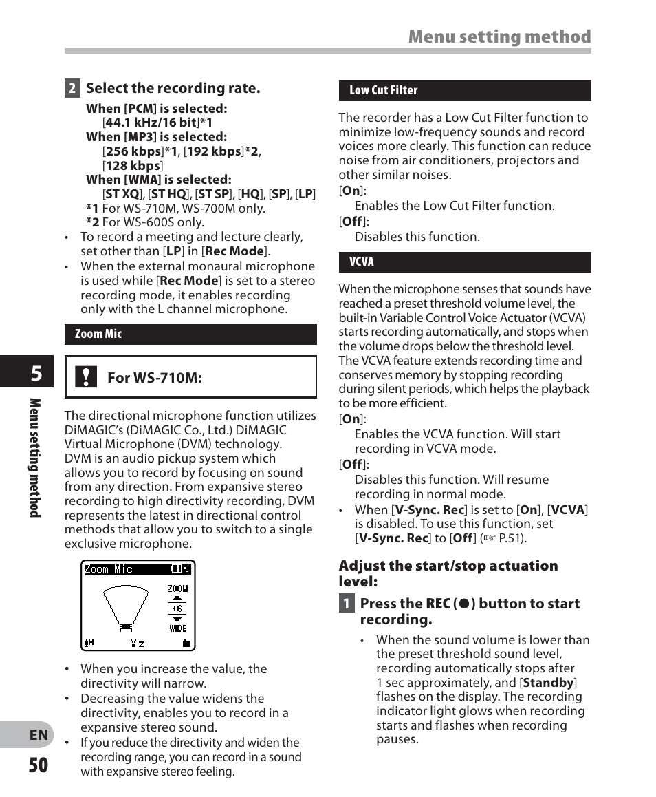 Menu setting method | Olympus WS 700M User Manual | Page 50 / 92