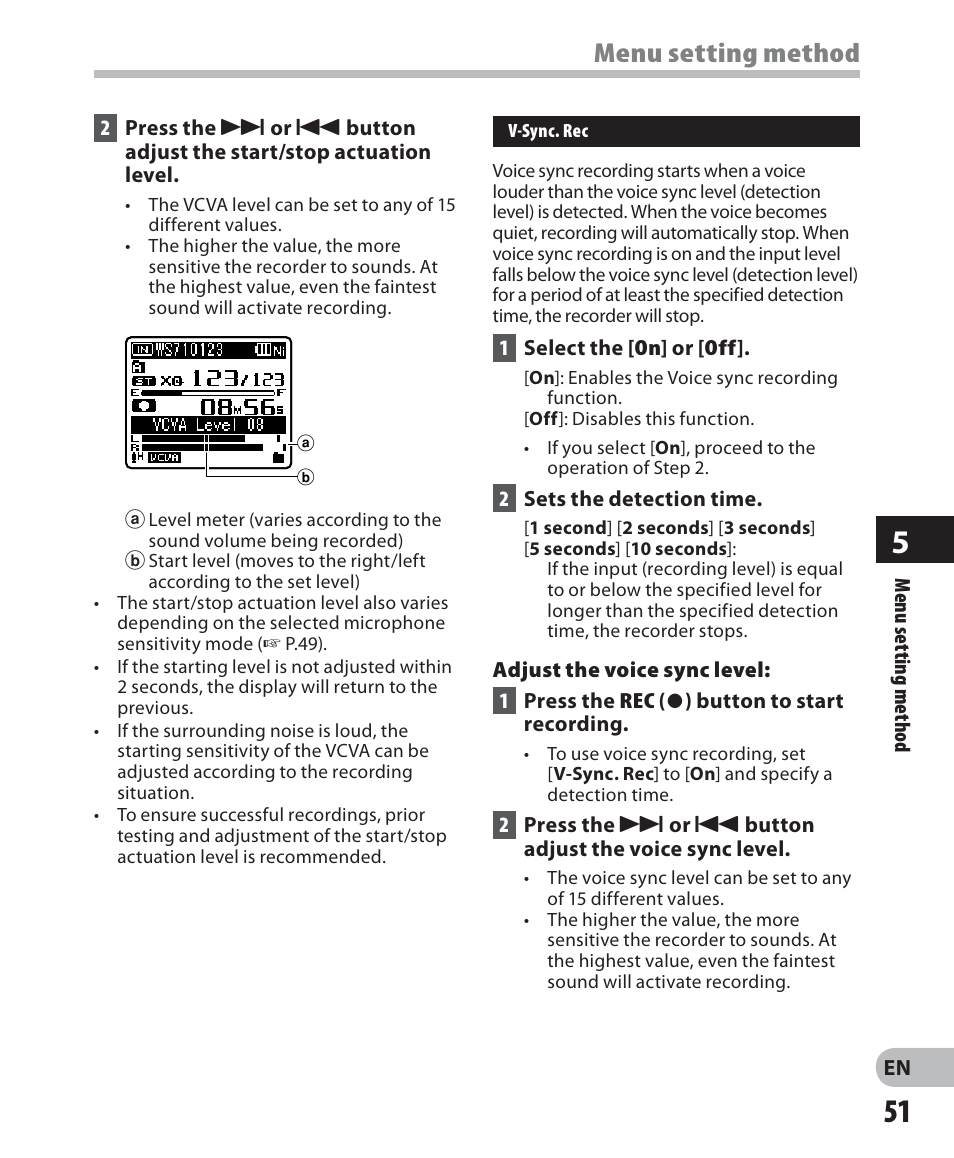 Menu setting method | Olympus WS 700M User Manual | Page 51 / 92