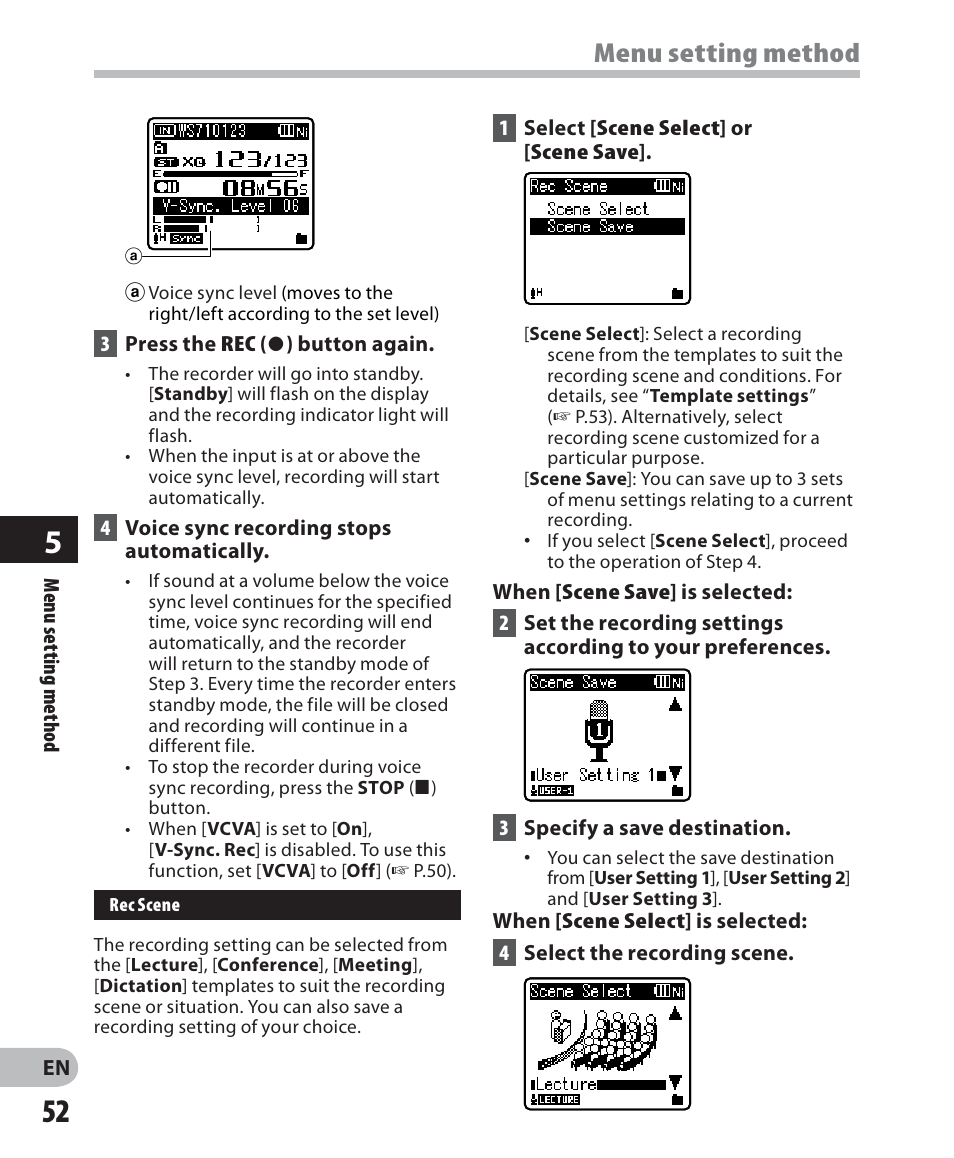 Menu setting method | Olympus WS 700M User Manual | Page 52 / 92