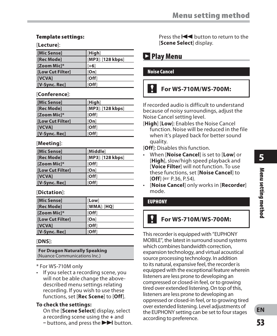 Menu setting method, Play menu, En menu setting method | Olympus WS 700M User Manual | Page 53 / 92