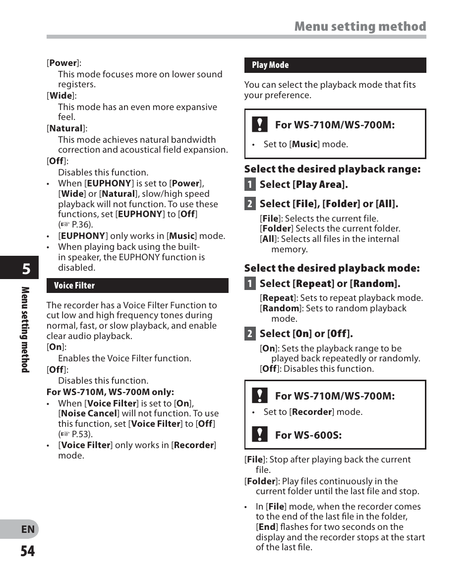 Menu setting method | Olympus WS 700M User Manual | Page 54 / 92