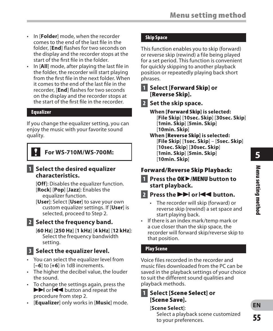 Menu setting method | Olympus WS 700M User Manual | Page 55 / 92