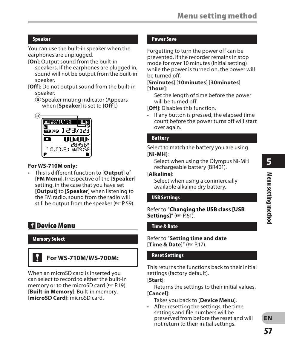 Menu setting method, Device menu | Olympus WS 700M User Manual | Page 57 / 92