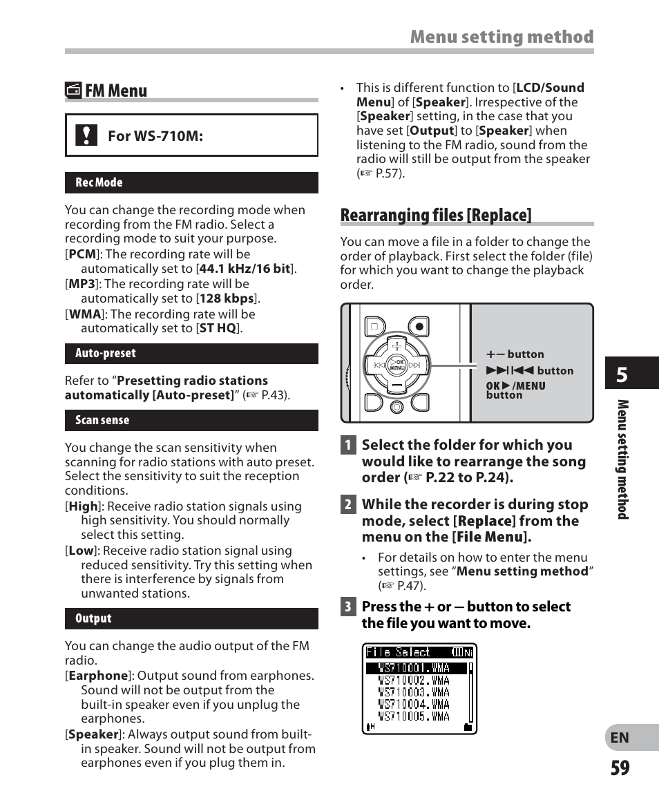 Menu setting method, Rearranging files [replace, Fm menu | Olympus WS 700M User Manual | Page 59 / 92