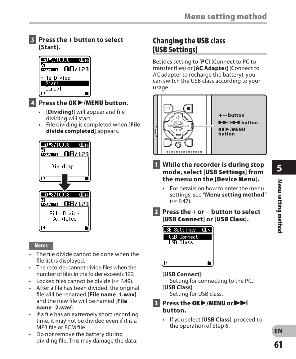 Menu setting method, Changing the usb class [usb settings | Olympus WS 700M User Manual | Page 61 / 92