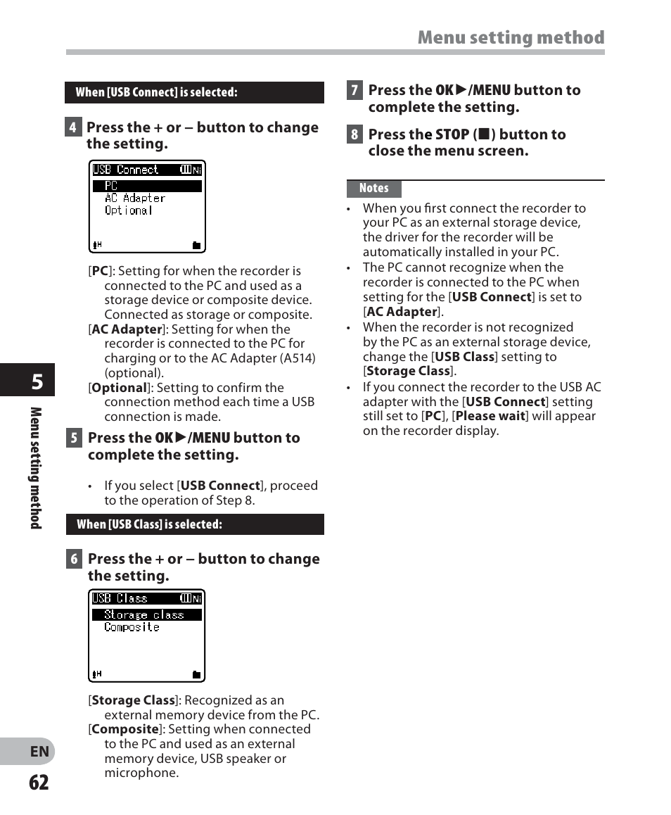 Menu setting method | Olympus WS 700M User Manual | Page 62 / 92