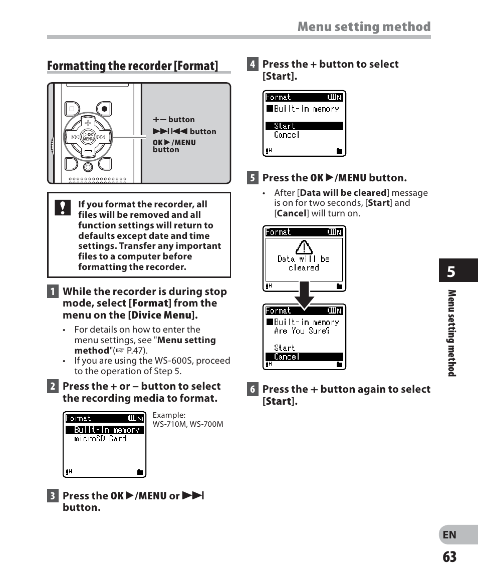 Menu setting method, Formatting the recorder [format | Olympus WS 700M User Manual | Page 63 / 92