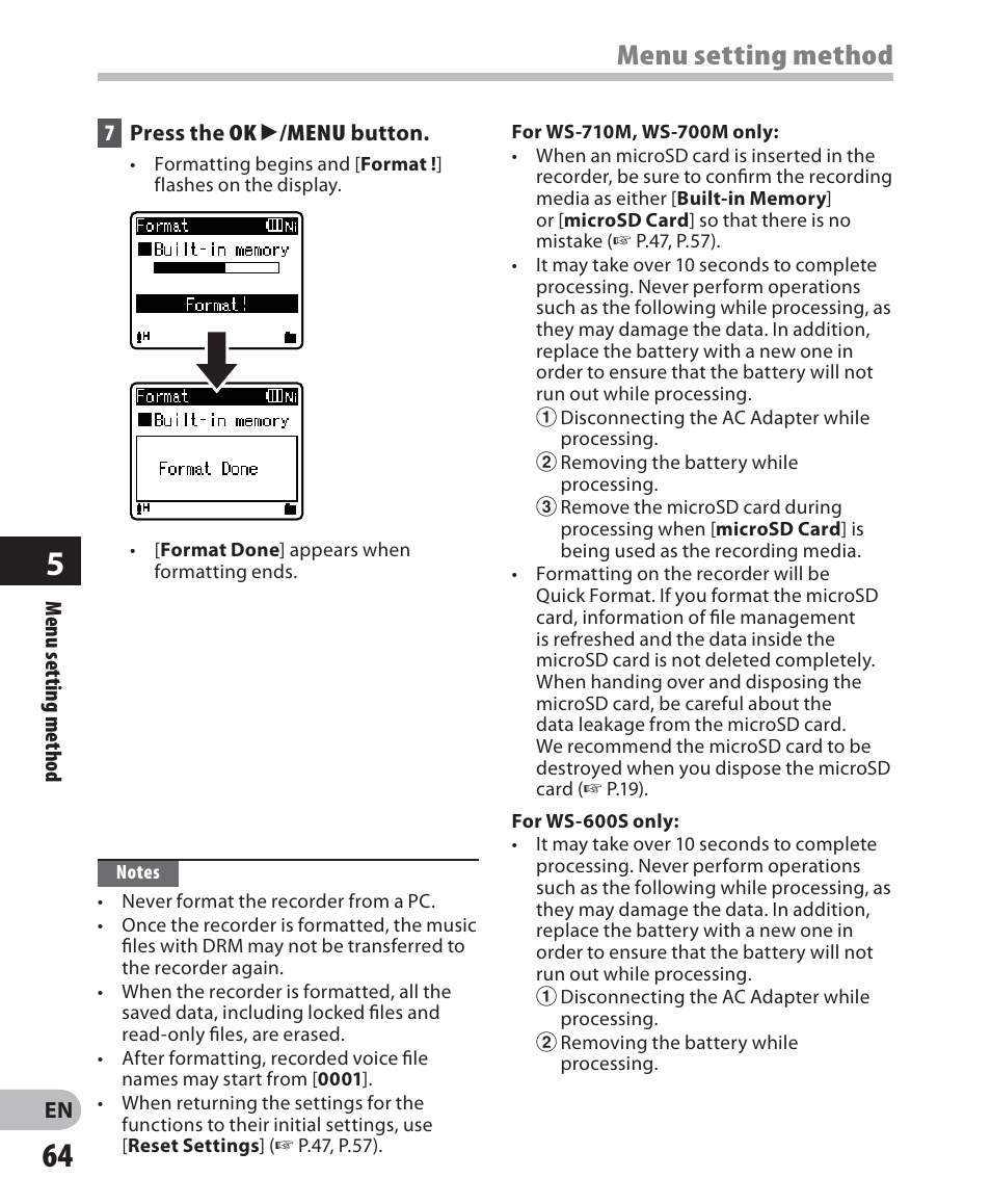 Menu setting method | Olympus WS 700M User Manual | Page 64 / 92