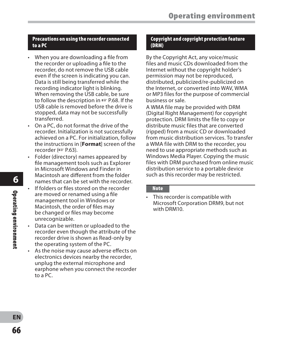 Operating environment | Olympus WS 700M User Manual | Page 66 / 92