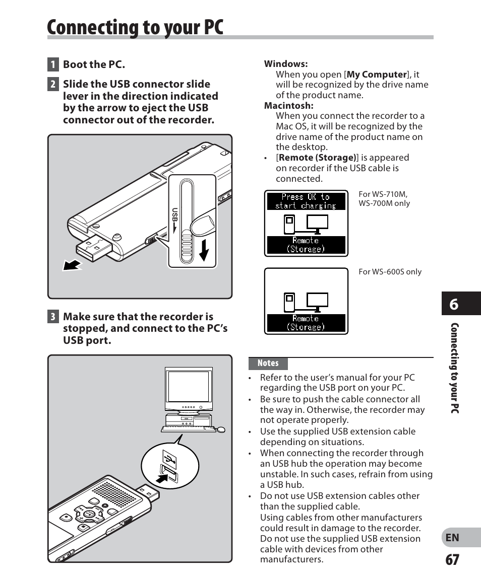 Connecting to your pc | Olympus WS 700M User Manual | Page 67 / 92