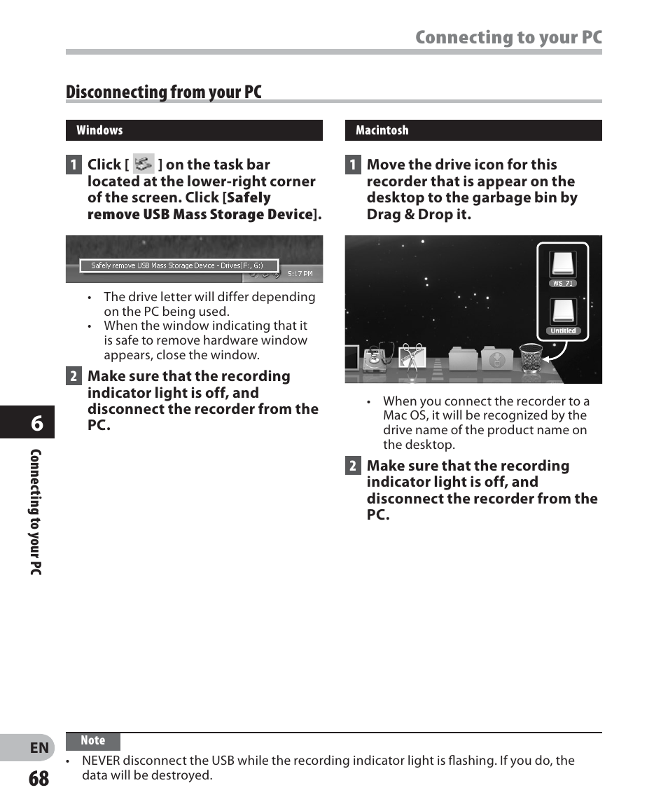 Connecting to your pc disconnecting from your pc | Olympus WS 700M User Manual | Page 68 / 92