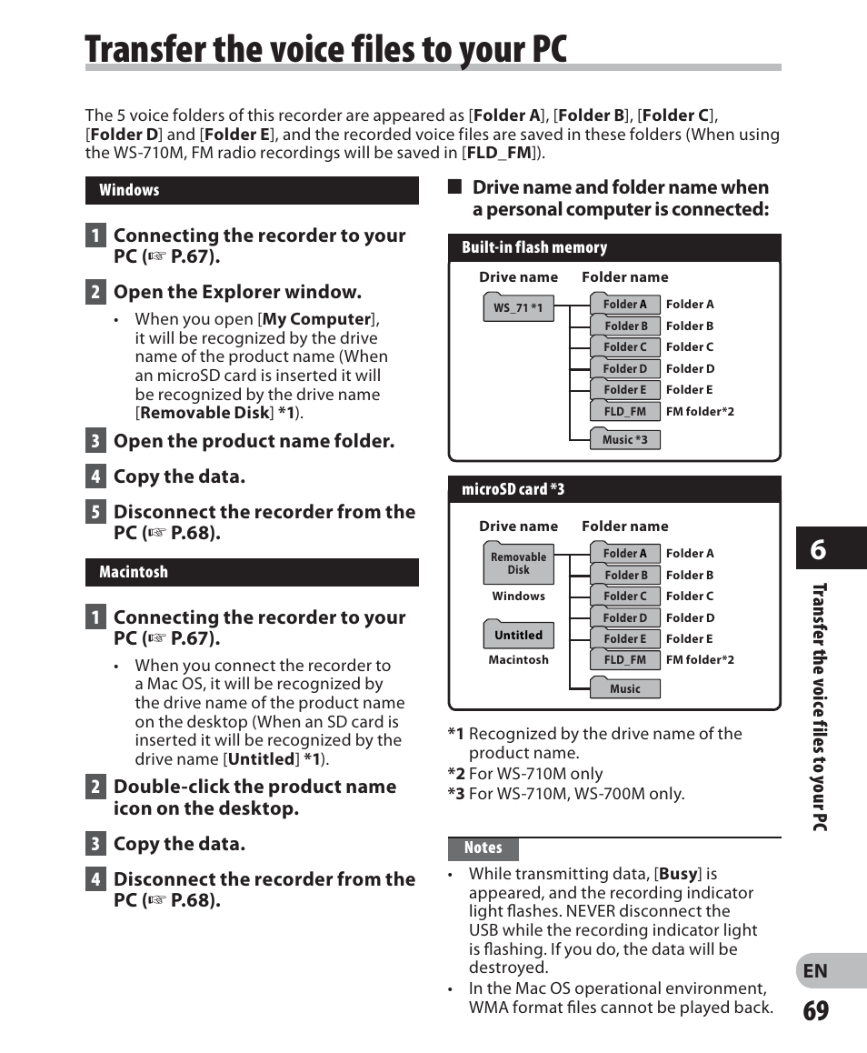 Transfer the voice files to your pc | Olympus WS 700M User Manual | Page 69 / 92