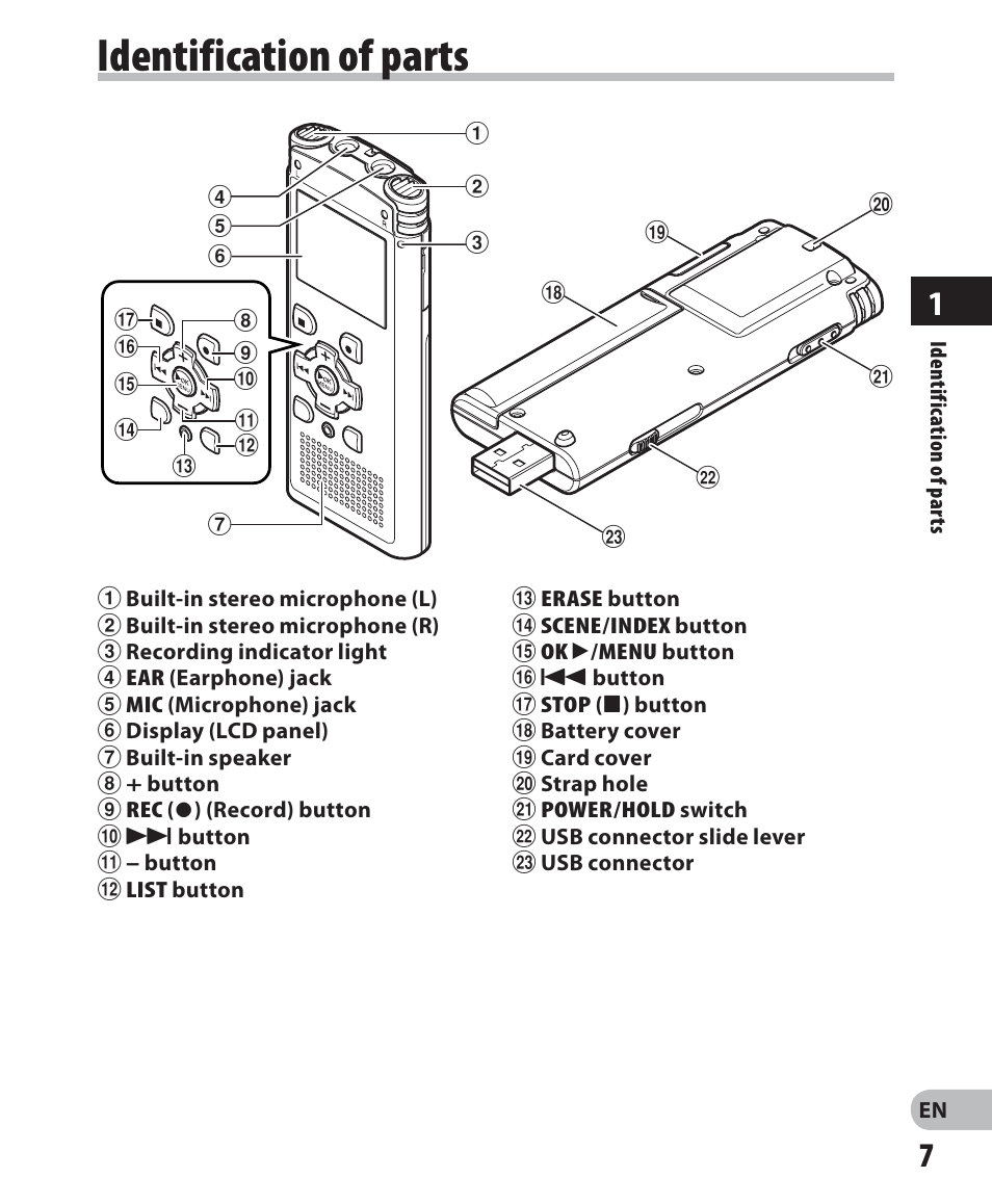 Identification of parts | Olympus WS 700M User Manual | Page 7 / 92