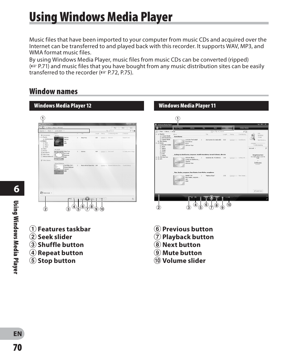 Using windows media player, Window names | Olympus WS 700M User Manual | Page 70 / 92