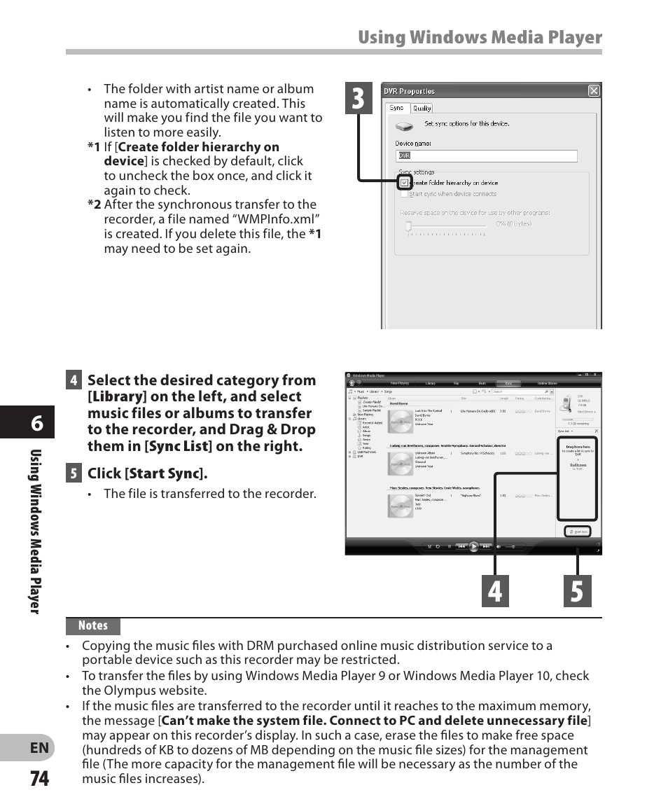 Using windows media player | Olympus WS 700M User Manual | Page 74 / 92