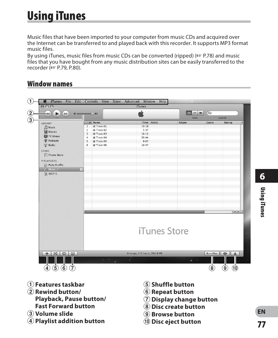 Using itunes, Window names | Olympus WS 700M User Manual | Page 77 / 92