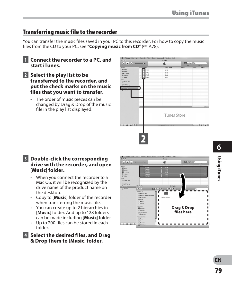 Using itunes, Transferring music file to the recorder | Olympus WS 700M User Manual | Page 79 / 92