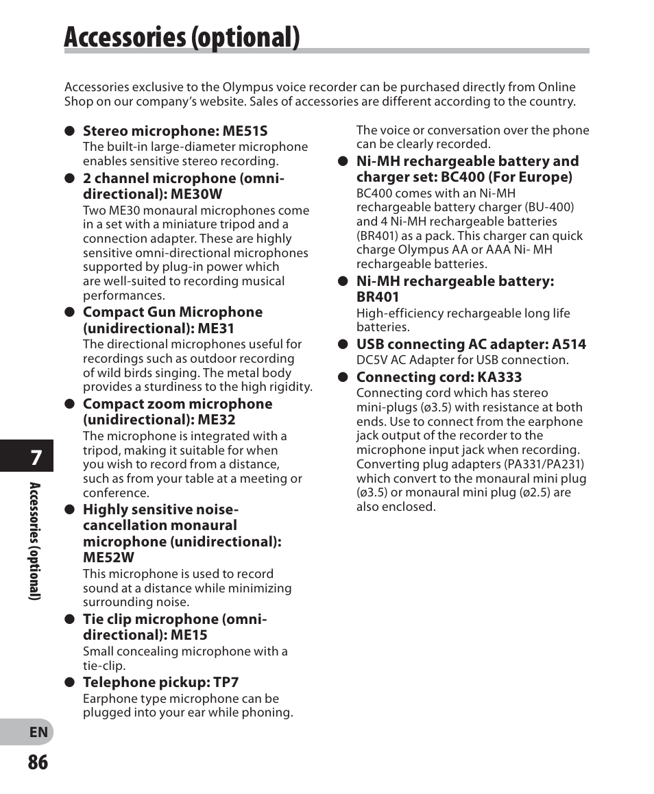 Accessories (optional) | Olympus WS 700M User Manual | Page 86 / 92