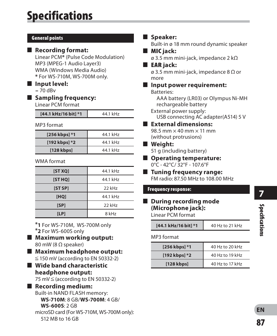 Specifications | Olympus WS 700M User Manual | Page 87 / 92