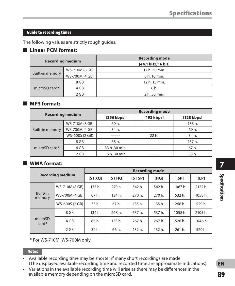 Specifications, En specifi c ations, 4 linear pcm format | 4 mp3 format, 4 wma format | Olympus WS 700M User Manual | Page 89 / 92