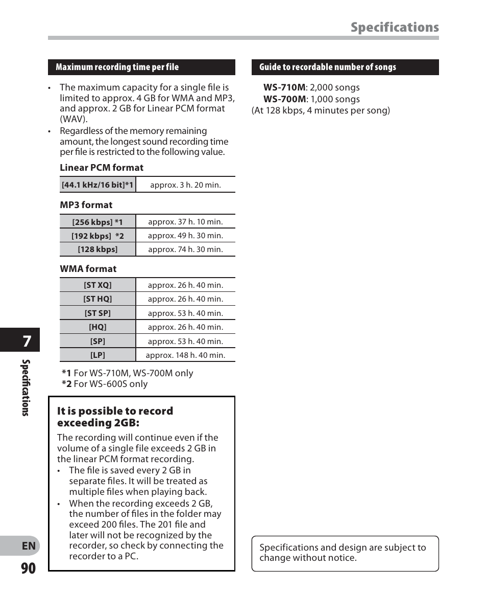 Specifications | Olympus WS 700M User Manual | Page 90 / 92