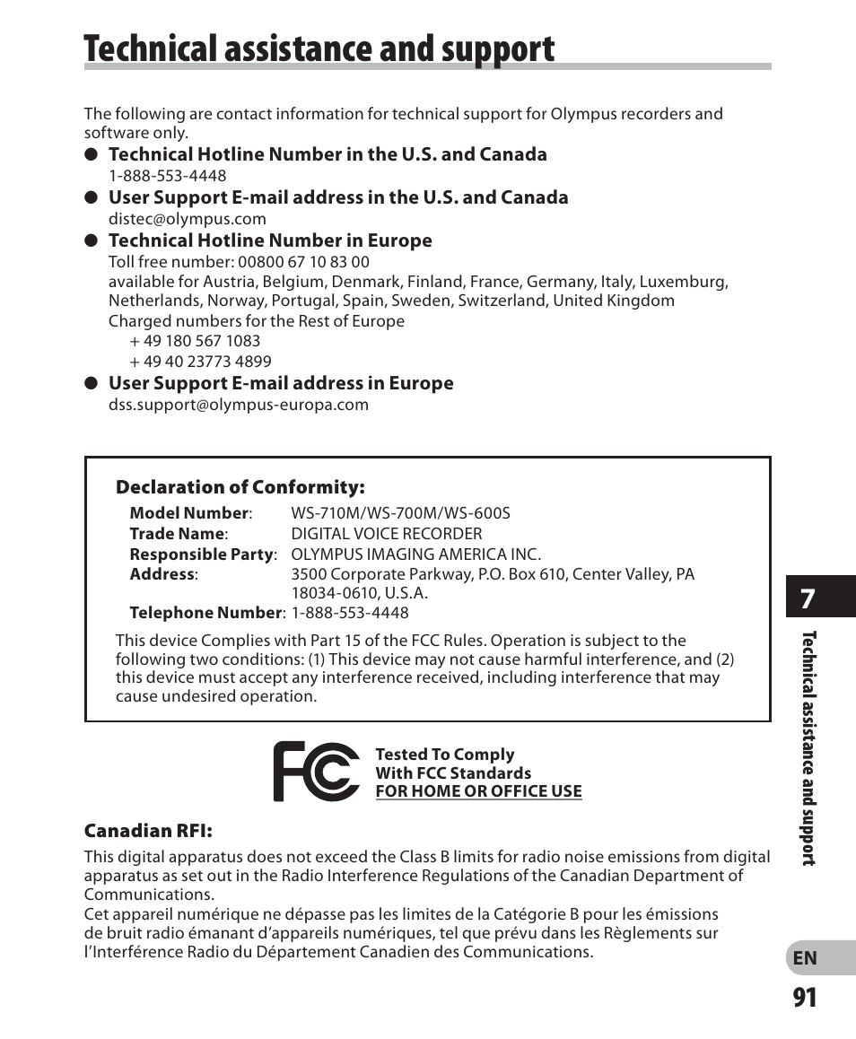 Technical assistance and support | Olympus WS 700M User Manual | Page 91 / 92