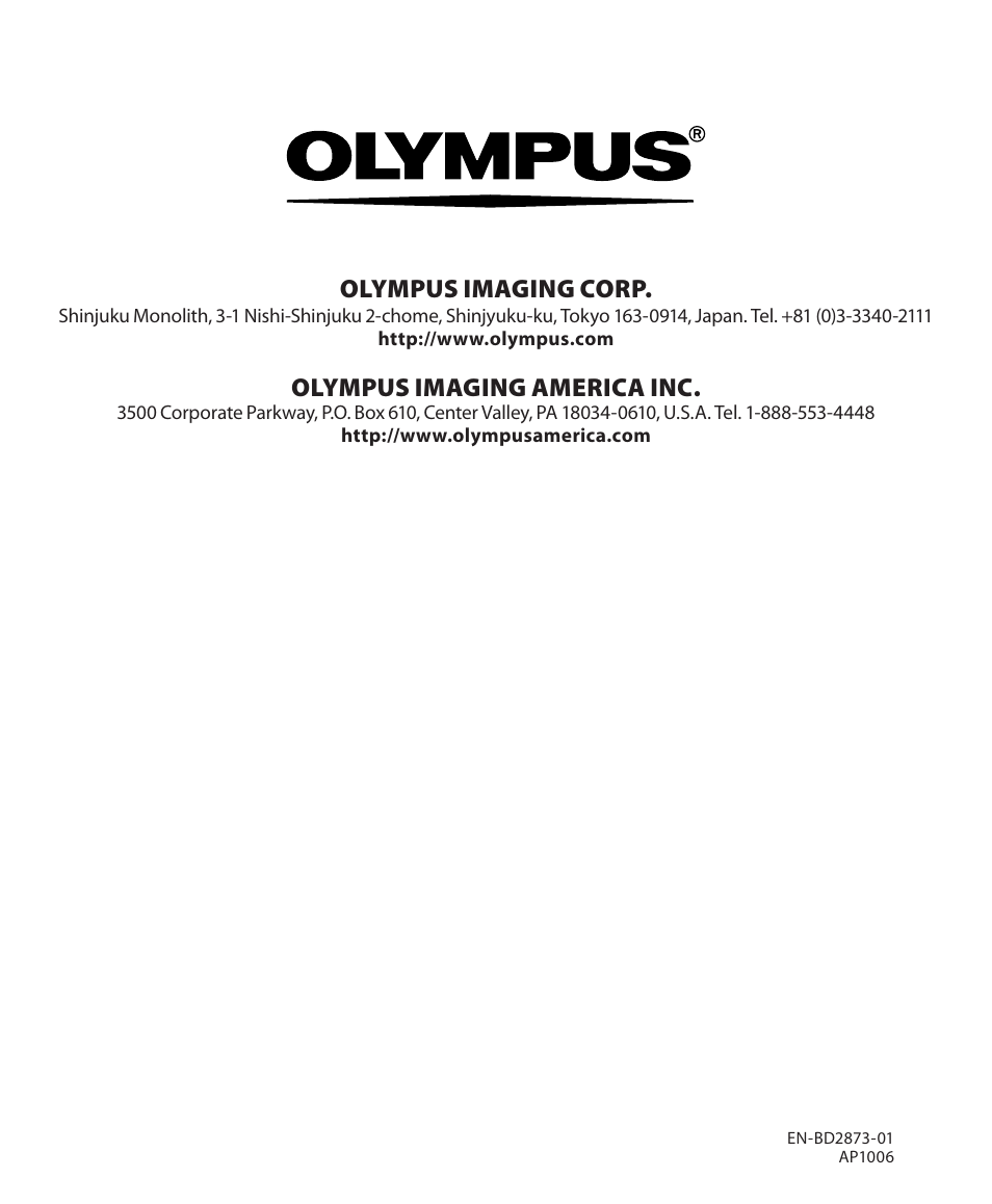 Olympus imaging corp, Olympus imaging america inc | Olympus WS 700M User Manual | Page 92 / 92