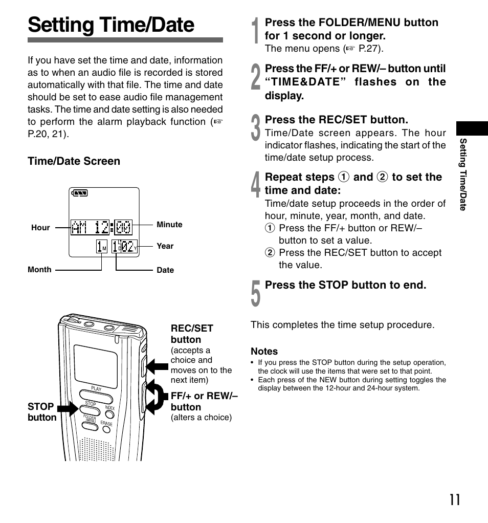 Setting time/date | Olympus DS-3000 User Manual | Page 11 / 32