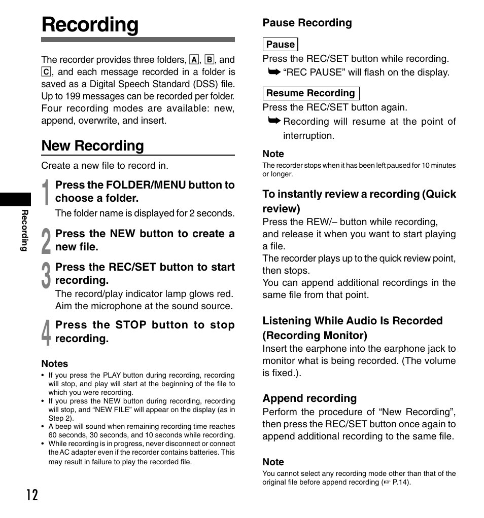 Recording, New recording | Olympus DS-3000 User Manual | Page 12 / 32