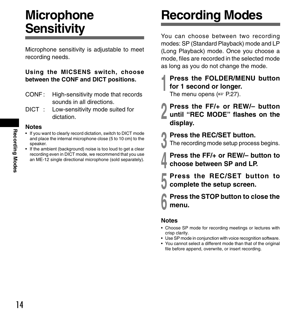 Recording modes, Microphone sensitivity | Olympus DS-3000 User Manual | Page 14 / 32