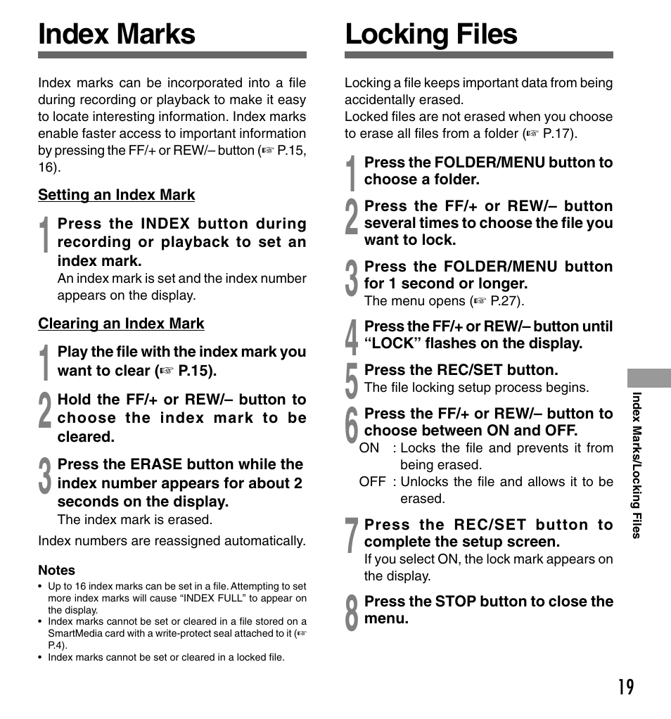Locking files, Index marks | Olympus DS-3000 User Manual | Page 19 / 32