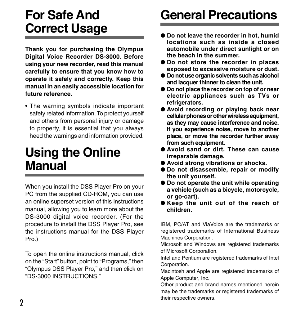 For safe and correct usage, Using the online manual, General precautions | Olympus DS-3000 User Manual | Page 2 / 32