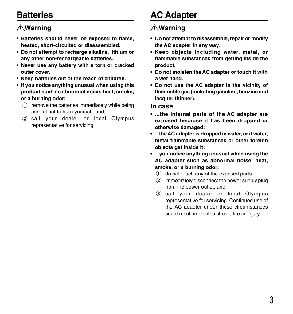 3batteries, Ac adapter, Warning | Olympus DS-3000 User Manual | Page 3 / 32