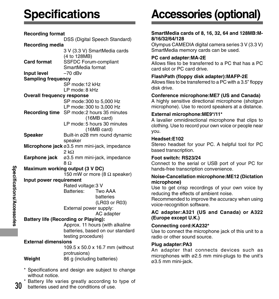 Accessories (optional), Specifications | Olympus DS-3000 User Manual | Page 30 / 32