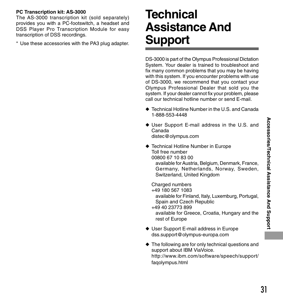 Technical assistance and support | Olympus DS-3000 User Manual | Page 31 / 32