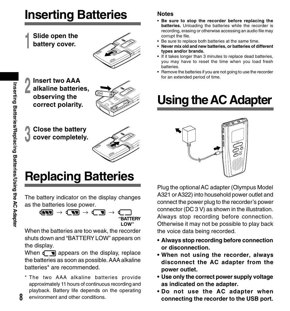 Replacing batteries, Using the ac adapter, Inserting batteries | Olympus DS-3000 User Manual | Page 8 / 32