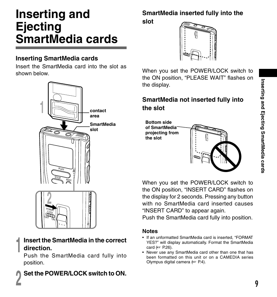 Inserting and ejecting smartmedia cards | Olympus DS-3000 User Manual | Page 9 / 32