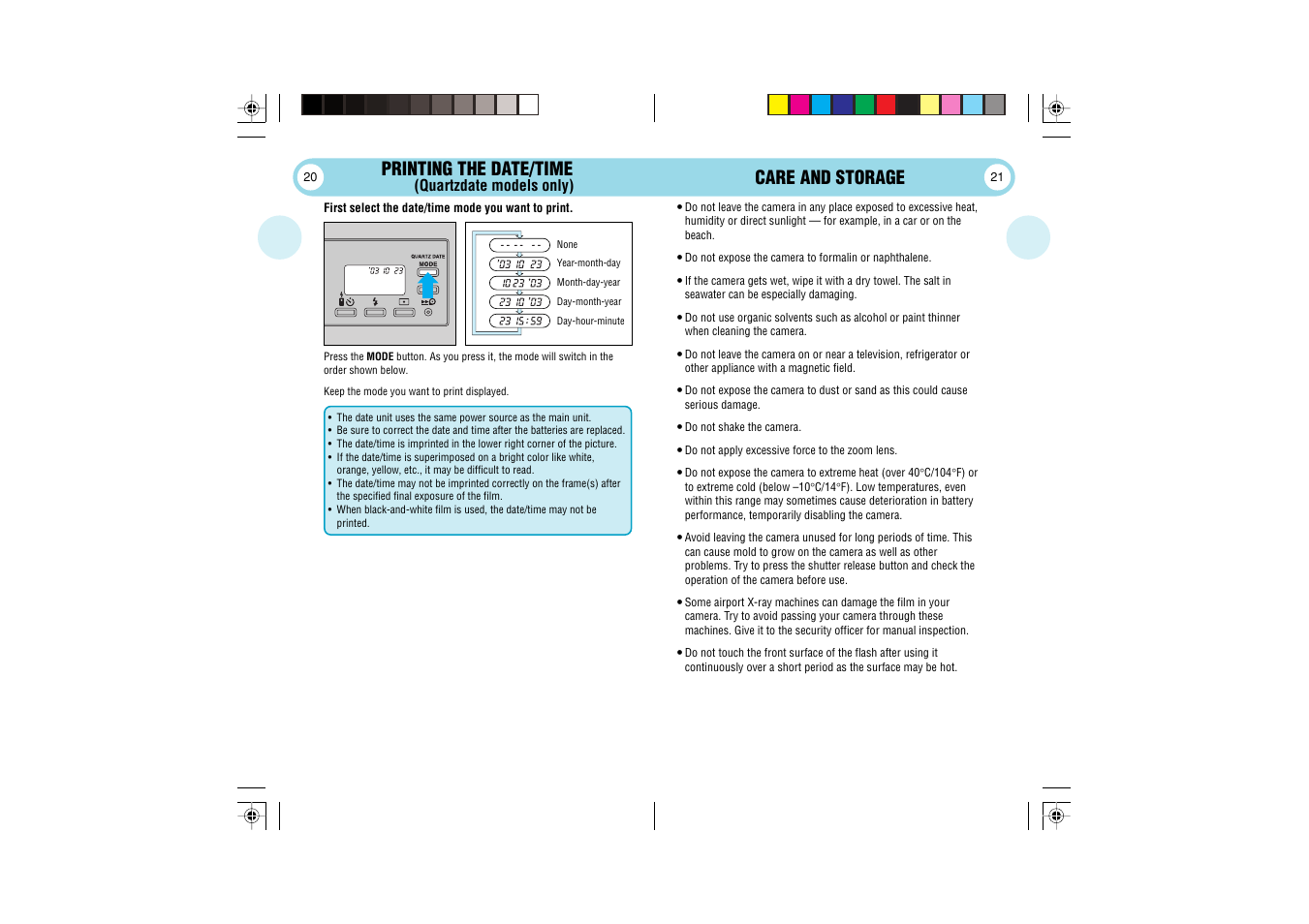 Care and storage, Printing the date/time | Olympus 105 User Manual | Page 11 / 12