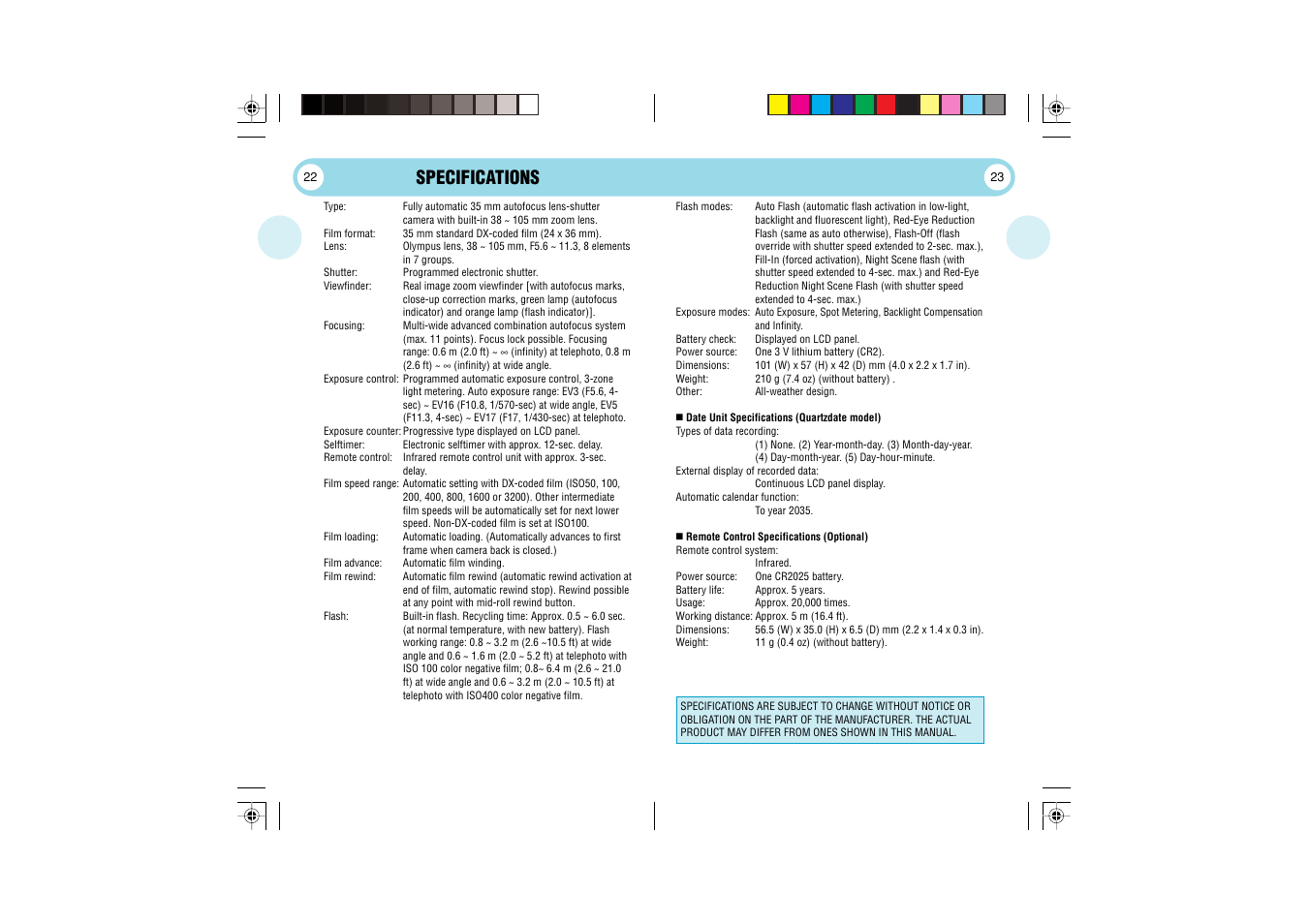 Specifications | Olympus 105 User Manual | Page 12 / 12