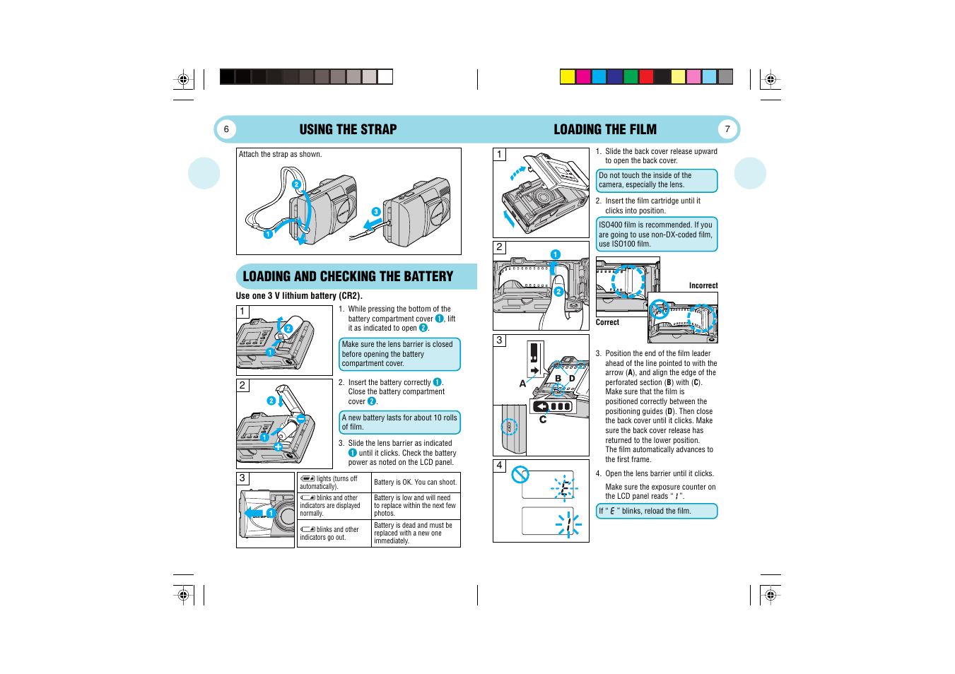 Using the strap, Loading and checking the battery, Loading the film | Olympus 105 User Manual | Page 4 / 12